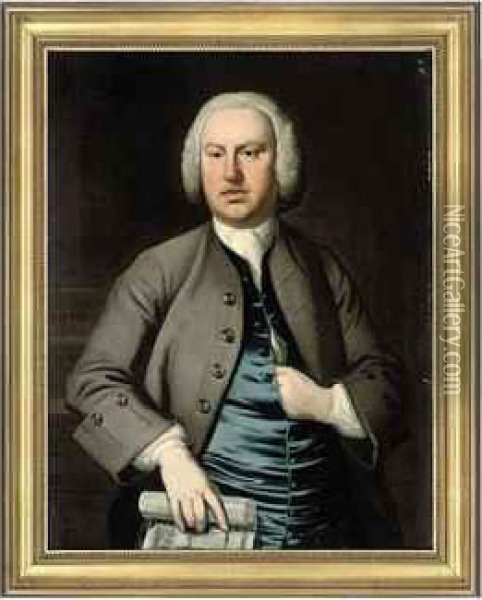 Portrait Of A Gentleman, Half-length, In A Grey Coat And Bluewaistcoat, Holding A Scroll Oil Painting - Thomas Hudson