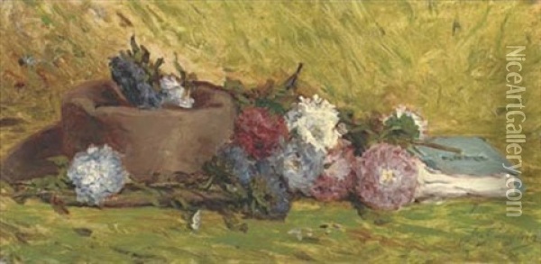 Reine-marguerites, Chapeau Et Livre Oil Painting - Paul Gauguin