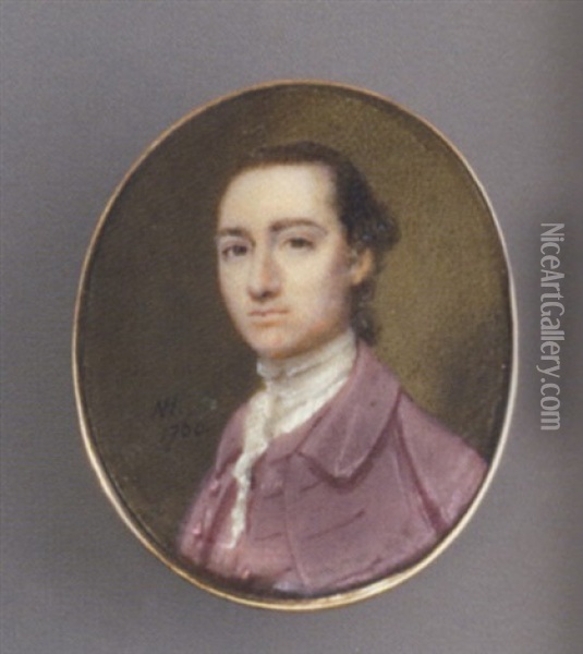A Young Gentleman In Mauve Coat And Waiscoat, Lace Cravat, Hair En Queue Oil Painting - Nathaniel Hone the Elder