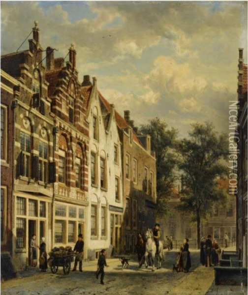 Figures In The Sunlit Streets Of A Dutch Town Oil Painting - Cornelis Springer
