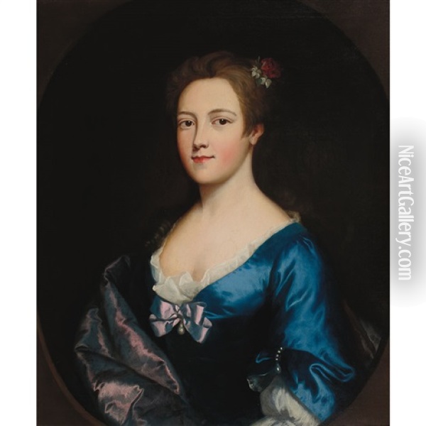 Portrait Of A Lady In Blue Oil Painting - Nathaniel Hone the Elder