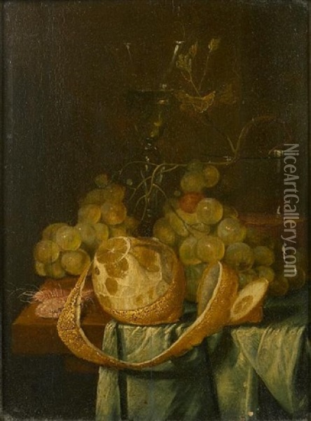 A Still Life With Grapes, A Peeled Lemon And A Glass Of Wine On A Partially-draped Table Oil Painting - Jan van den Hecke the Elder