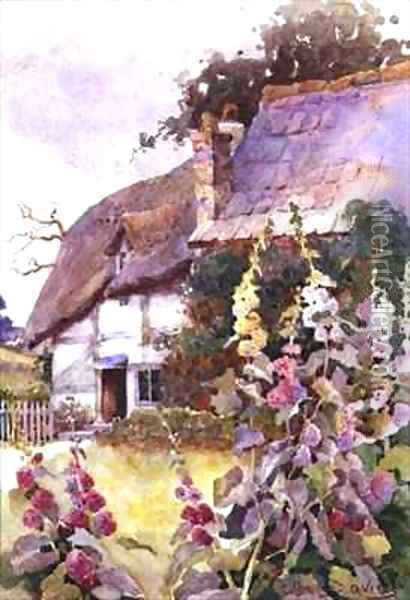 Hollyhocks Outside a Thatched Cottage Oil Painting - Ethel Davies