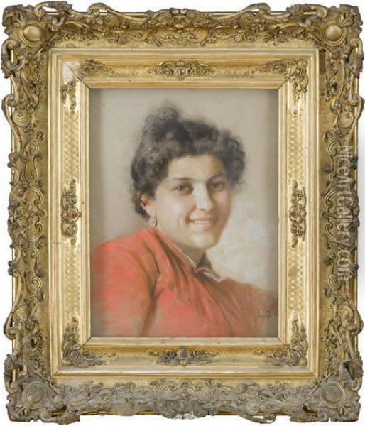 Ritratto Di Giovane Donna In Rosso Oil Painting - Luigi Di Giovanni