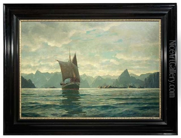 Lomaden Norwegen. Segelschiff Vor Beeindruckender Gebirgskulisse Oil Painting - Michael Zeno Diemer