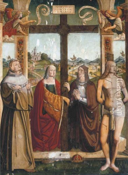 Saint Helena Holding The Cross, With The Emperor Constantine, Andsaints Francis And Sebastian Oil Painting - Bernardino Di Tossignano