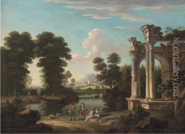 A Classical Wooded River Landscape With Elegant Company Discorsing By Ruins Oil Painting - Hendrick Frans van Lint