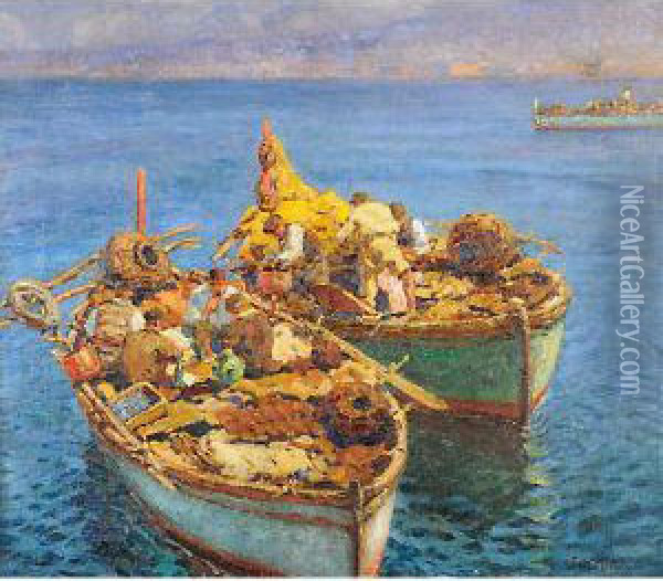 Marina Con Barche Oil Painting - Ugo Flumiani