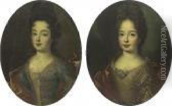 Portraits Of Two Ladies Said To 
Be Louise Marie De Bourbon And Francoise Marie De Bourbon: A Pair Oil Painting - Pierre Le Romain I Mignard