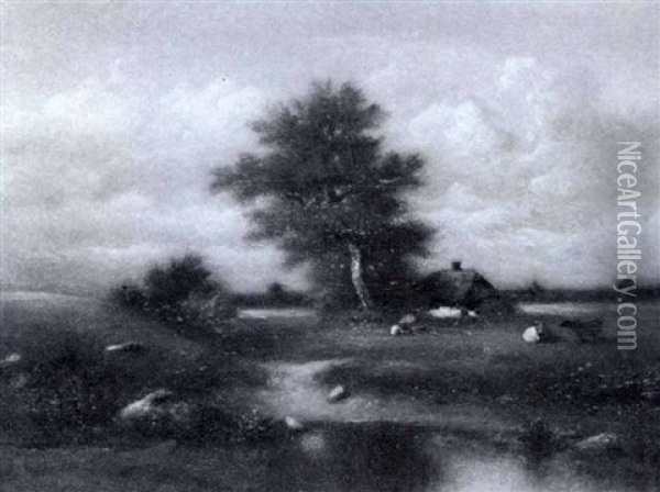 Landscape With Farmhouse By A Pond Oil Painting - Jules Dupre