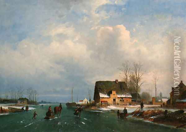A Dutch winter landscape with figures skating Oil Painting - Dutch School