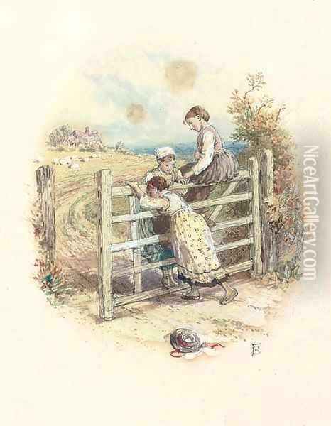 Three children playing on a gate Oil Painting - Myles Birket Foster