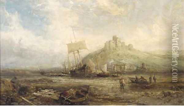 Beached fishing vessels below a ruined castle Oil Painting - William Edward Webb