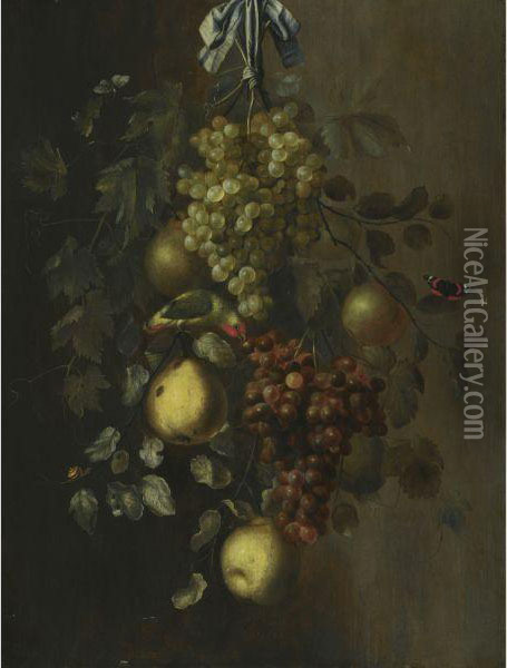A Festoon Of Grapes, Apples And Pears Hanging From A Nail, Withsnails, Butterflies And A Parrot Oil Painting - Gillis Gillisz. de Bergh
