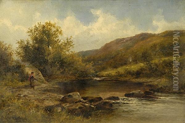 A Faggot Gatherer In A River Landscape Oil Painting - Thomas Scott Callowhill