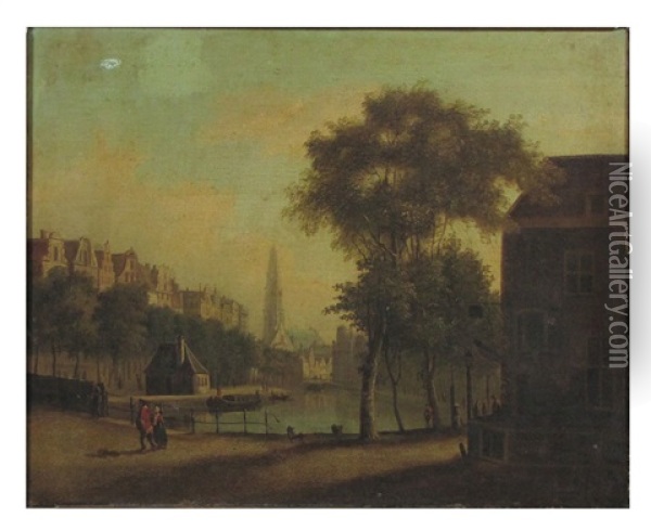 View Of Amsterdam Cobblestone Street By A Canal Oil Painting - Jan Van Der Heyden