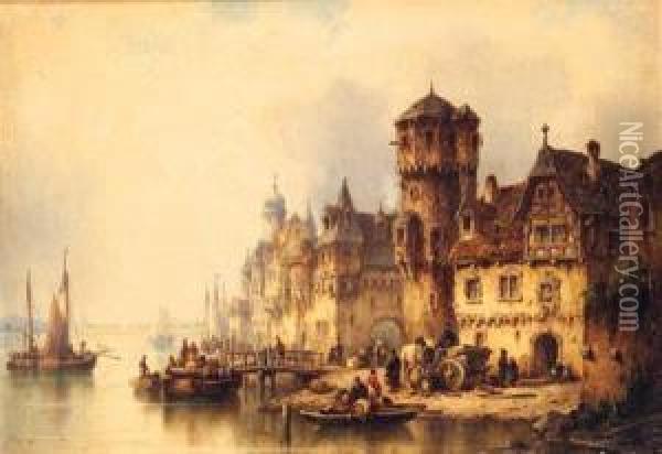 Figures On A Quay; And A Busy Port Oil Painting - Ludwig Herrmann