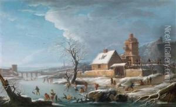 Winterlandschaftmit Eislaufern Oil Painting - Jules Cesar Denis van Loo