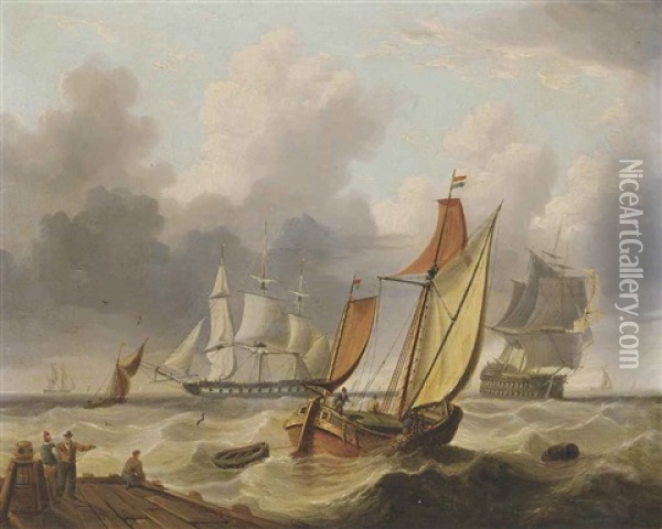 A Large Three-decker, A Frigate And Other Shipping In A Stiff Breeze Off The Harbour Mouth (+ Warships And Barges In An Offshore Swell; Pair) Oil Painting - Charles Martin Powell