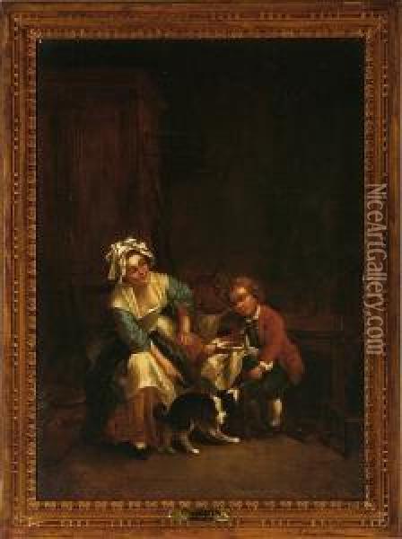 Interior With A Maid, A Son Of The Master And Mistress Plus His Dog Oil Painting - Jean-Baptiste-Simeon Chardin