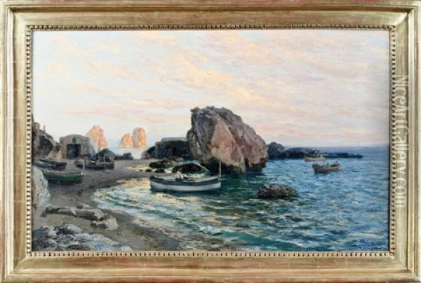 Felsiger Fischerstrand Auf Capri Mit Anlandenden Ruderbooten Oil Painting - Bernardo Hay