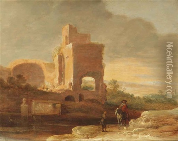 An Italianate Landscape With A Horseman And A Beggar On A Track Near Ancient Ruins Oil Painting - Charles Cornelisz de Hooch