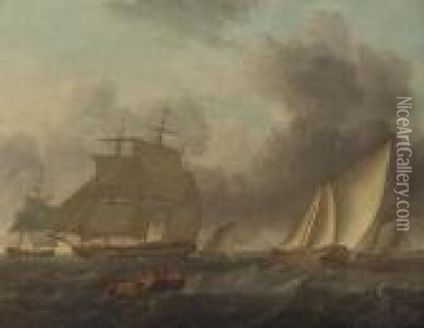 A Frigate Amidst Other Shipping Offshore Oil Painting - Thomas Luny