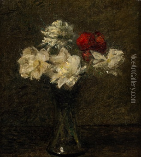 A Red Rose Amid The White Oil Painting - Henri Fantin-Latour