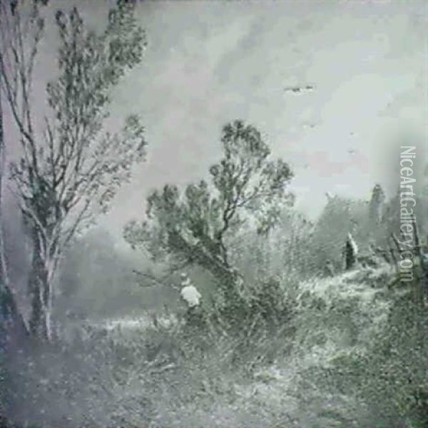 An Angler On A Wooded Riverbank Oil Painting - Charles Hoguet