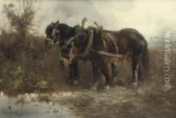 Horses Near A Pond Oil Painting - Henry Schouten