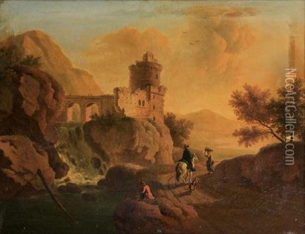 Cavalier, Lavandiere Et Pecheur Dans Un Paysage De Cascade Surmonte D'un Aqueduc Oil Painting - Claude-joseph Vernet