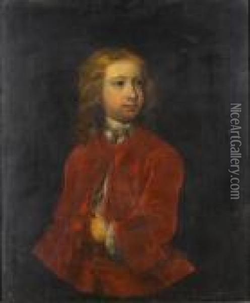 Portrait Of A Young Boy Of The 
Gore Familyhalf-length, In A Red Coat And Waistcoat, Within A 
Paintedoval Oil Painting - Charles Jervas
