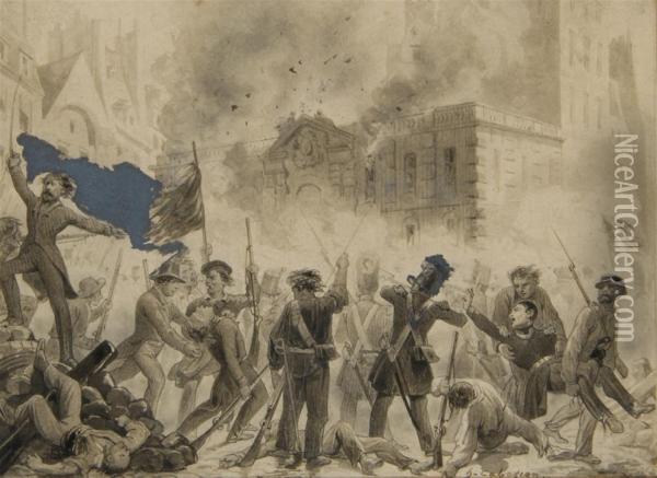 Des Revolutionnaires Combattant Devant Le Palais Royal Oil Painting - Guillaume-Alphonse Harang Dit Cabasson