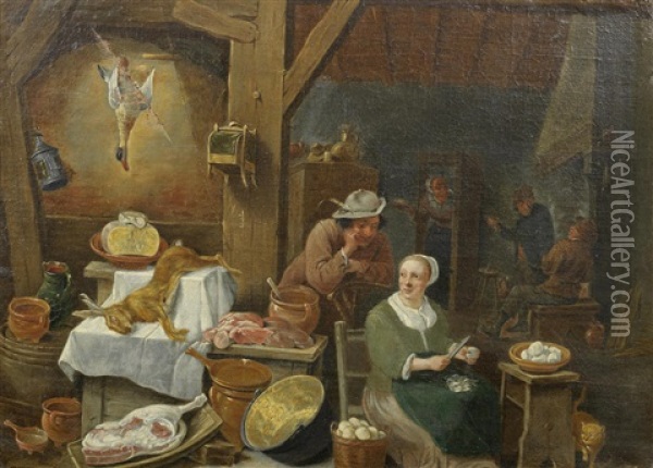 A Kitchen Interior With A Woman Peeling Vegetables Oil Painting - Matheus van Helmont