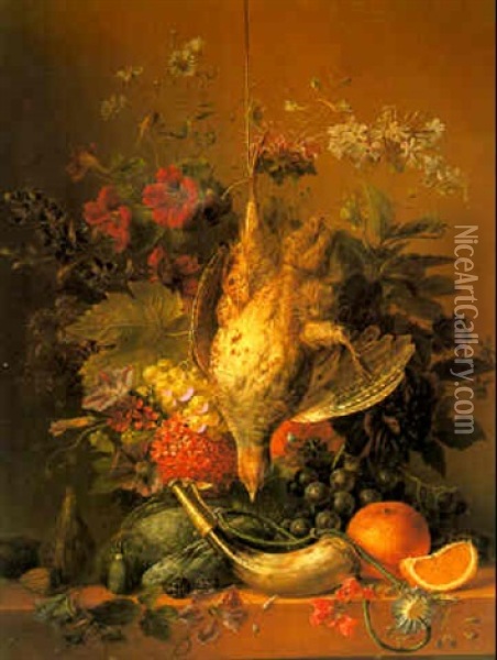 Still Life With Flowers, Fruit And Dead Game Oil Painting - Arnoldus Bloemers