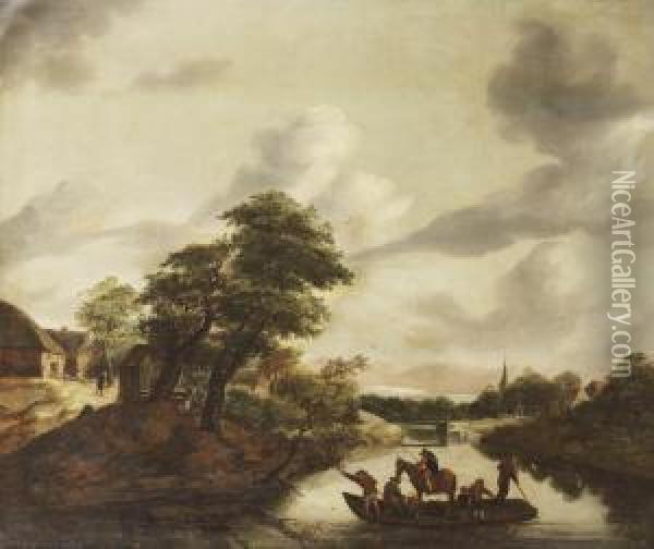 A River Landscape With Figures And A Horse On A Ferry Oil Painting - Gerrit van Hees
