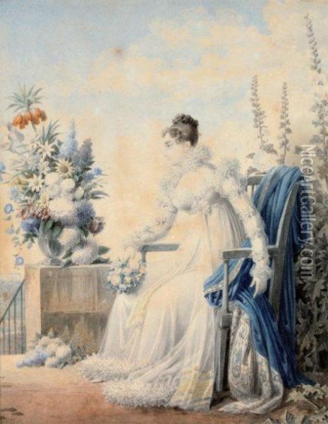 Portrait De Josephine Assise Sur Une Terrasse Fleurie Oil Painting - Auguste Simon Garneray