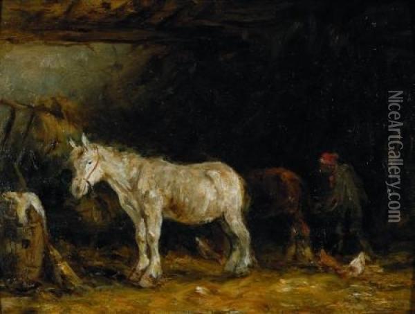 In The Stable Oil Painting - Constant Troyon