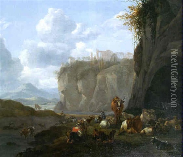 Shepherds With Goats, Sheep And Cattle Resting On A River Bank Oil Painting - Willem Romeyn