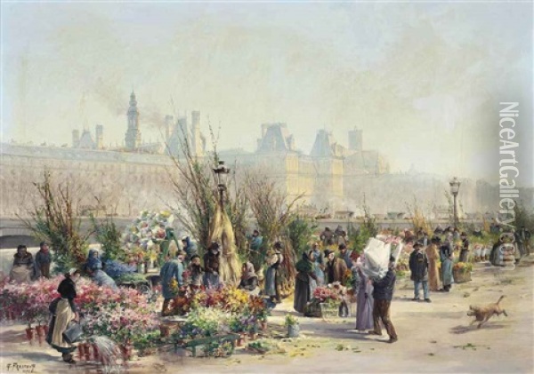 A Flower Market On The Seine, The Louvre Beyond Oil Painting - Georges Fraipont