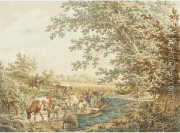 A Wooded Landscape With A Boy 
Driving Cattle And Sheep Through A Stream, The Ruins Of Brederode Castle
 In The Distance Oil Painting - Jacob Cats