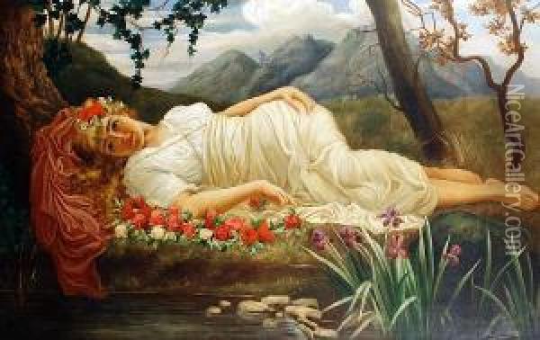 Portrait Of A Classical Beauty On A Bed Ofroses Before A Pond Oil Painting - Herbert Blande Sparks
