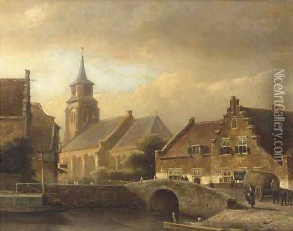 Figures crossing a bridge in a Dutch town Oil Painting - Kasparus Karsen