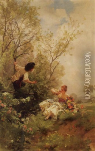 Schackerndes Junges Paar Im Freien Vor Baumen Auf Einer Blumenwiese Oil Painting - Louis Marie de Schryver