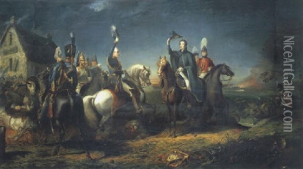 The Meeting Of The Duke Of The Wellington And Field Marshal Blucher On The Evening Of The Victory Of Waterloo At La Belle Alliance Oil Painting - Thomas Jones Barker