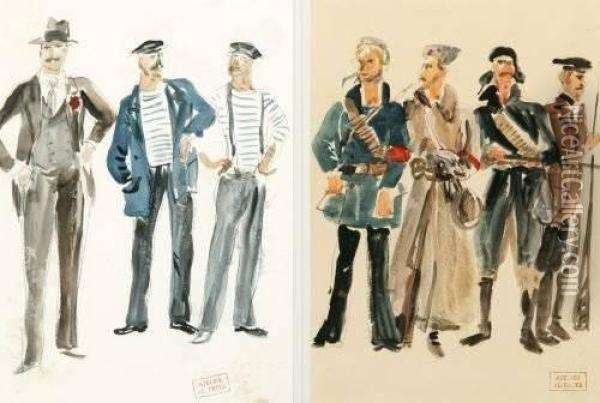 Group Of Men In Sailor Costume, And Group Of Men In Soldier Costume: Two Works Oil Painting - Alexandra Alexandrov Exter