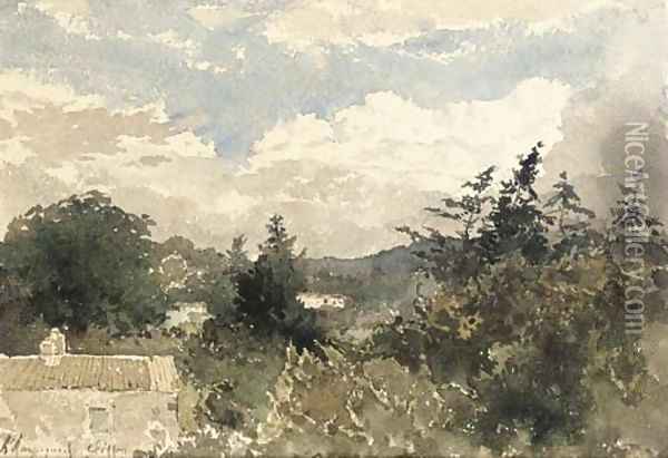 A hilly landscape with a house in the foreground Oil Painting - Henri-Joseph Harpignies