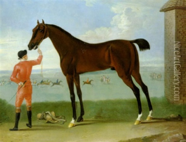 A Bay Racehorse Held By A Jockey Wearing Pink Colours On Newmarket Heath, The Same Horse Winning A Race In The Distance Oil Painting - Richard Roper