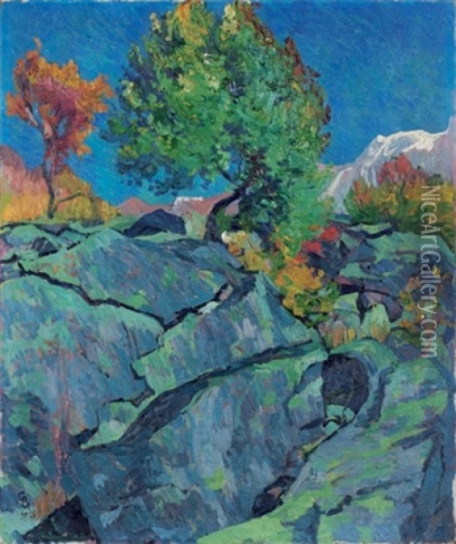 Tremolo - Espe - Paysage De Rochers Oil Painting - Giovanni Giacometti