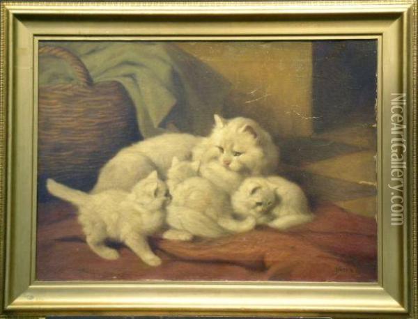 A Mother And Her Kittens Oil Painting - Arthur Heyer
